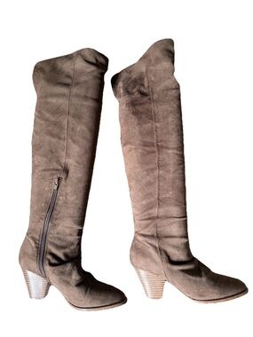 Over-the-Knee Suede Boots in Taupe with Stack Heel